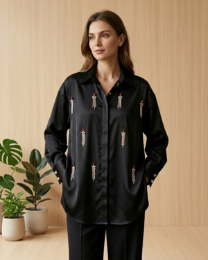 Elegant Black Embroidered Long Shirt