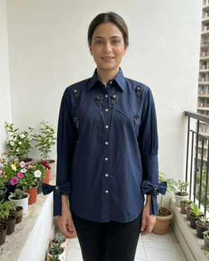 Elegant Navy Blue Shirt With  Embroidery