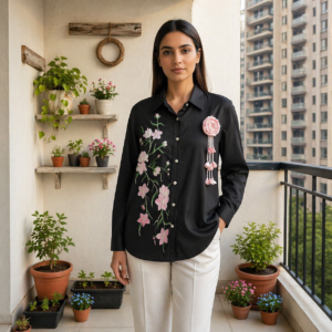 Royal Black Stitch Shirt With Embroidery