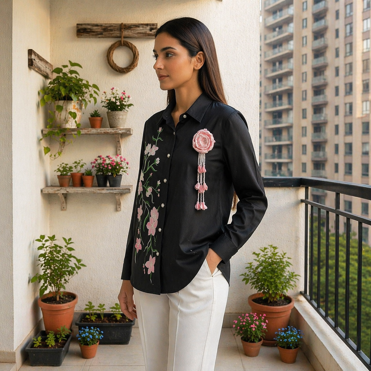 Royal Black Stitch Shirt With Embroidery - Image 2