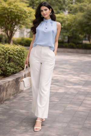 Light Blue Sleeveless Top with Floral Detailing