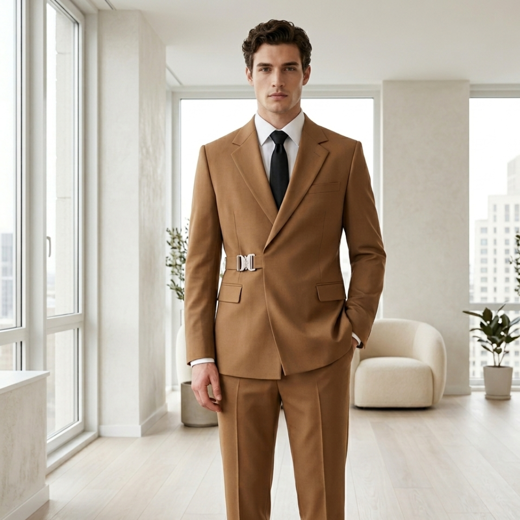 Men's Premium Camel Brown Buckle Accent Formal Suit Set