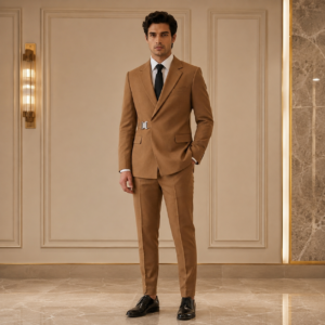 Men's Premium Camel Brown Buckle Accent Formal Suit Set