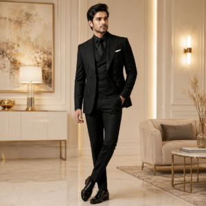 Men's Premium Black Three-Piece Double-Breasted Suit Set