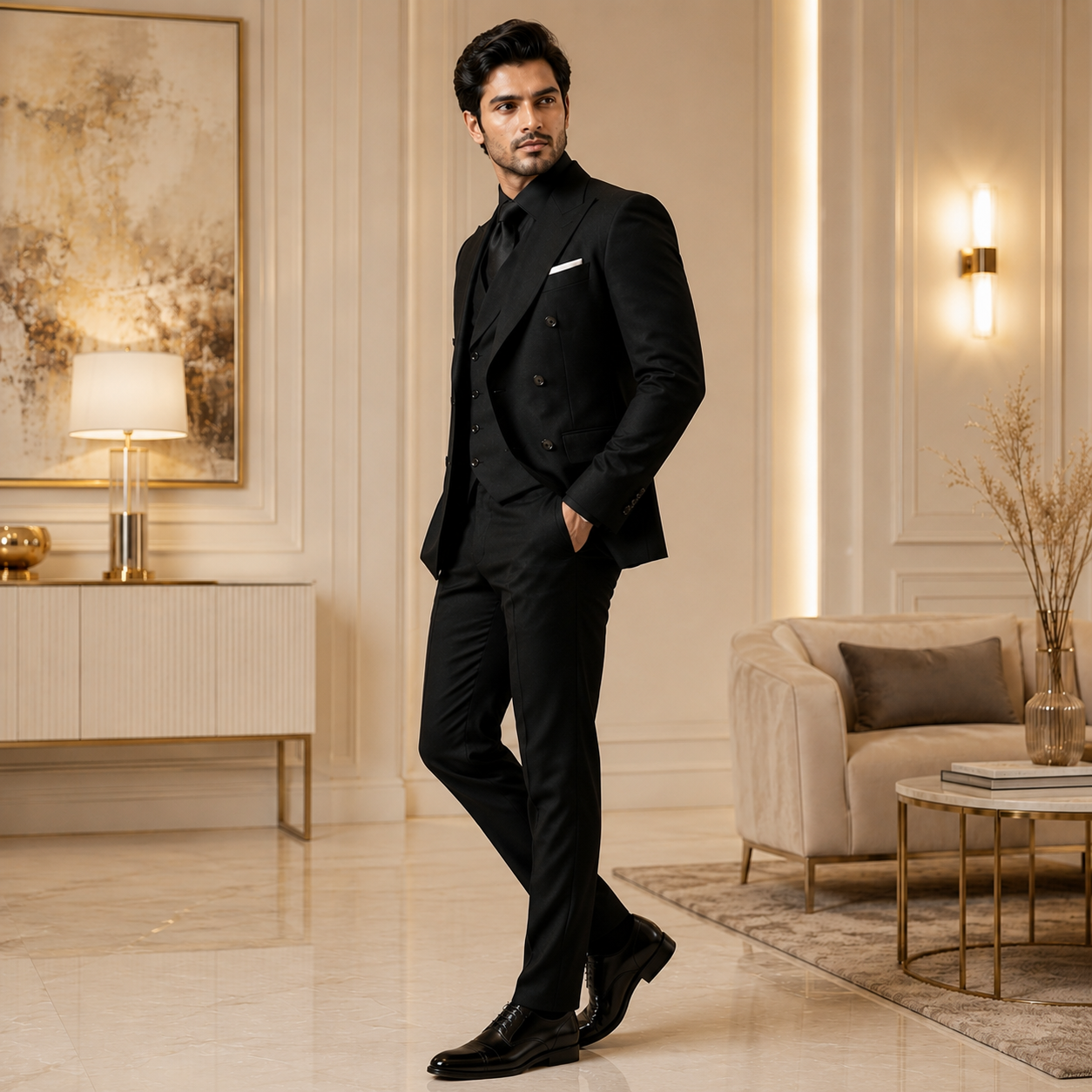 Men's Premium Black Three-Piece Double-Breasted Suit Set - Image 2