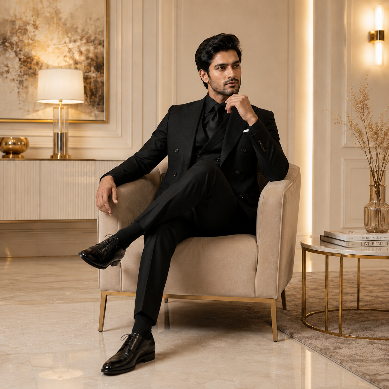Men's Premium Black Three-Piece Double-Breasted Suit Set - Image 4