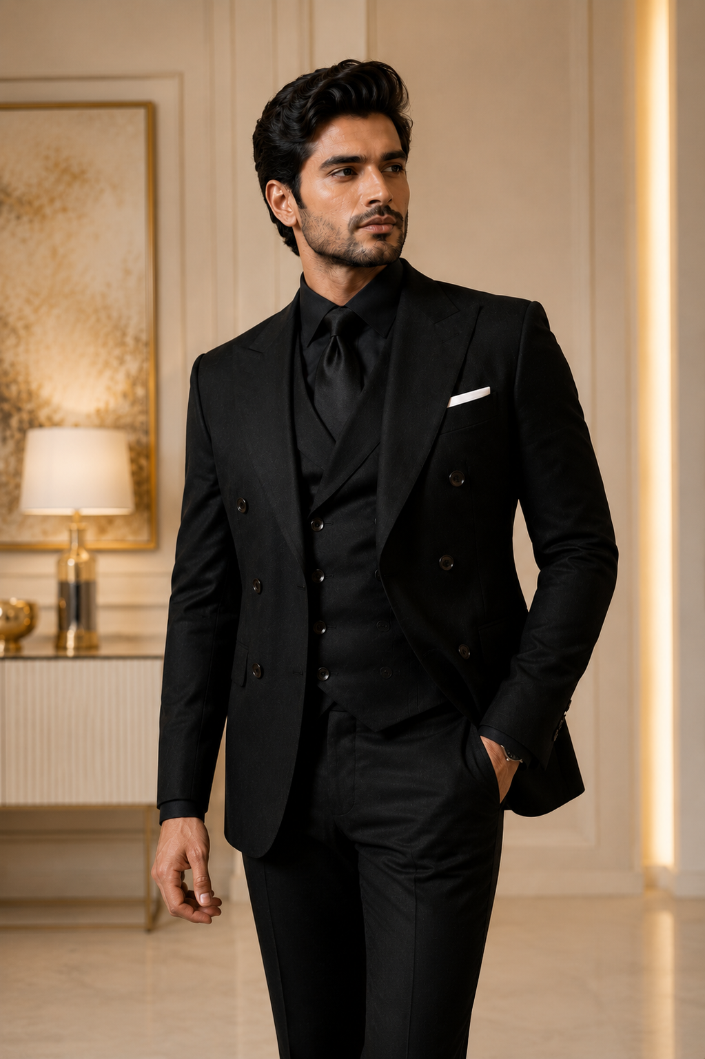 Men's Premium Black Three-Piece Double-Breasted Suit Set - Image 3