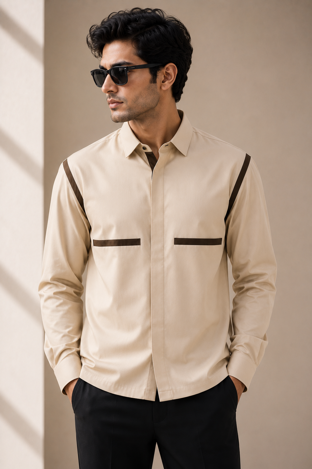 Beige Contrast Trim Shirt