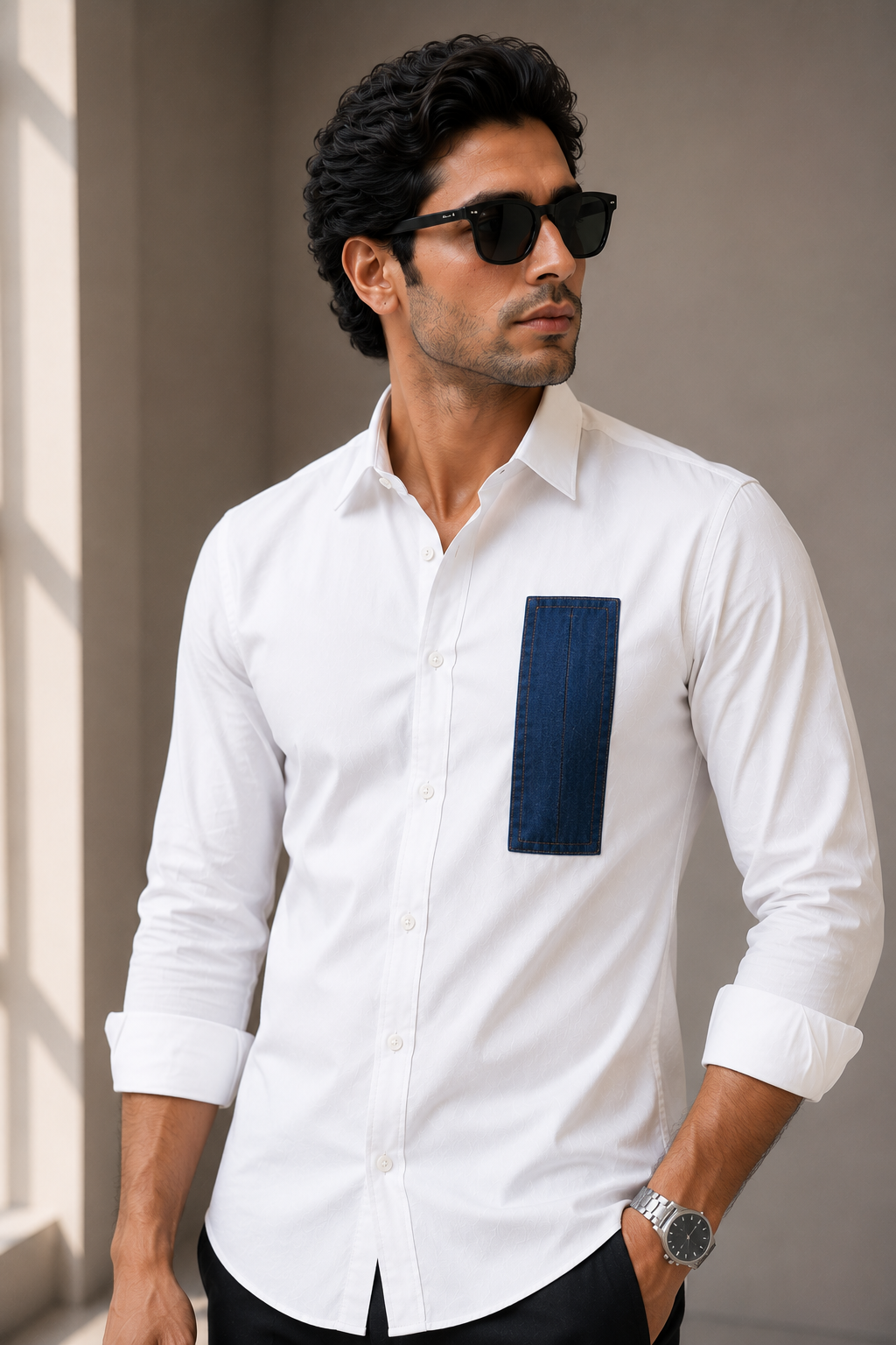 White Vertical Denim Patch Shirt